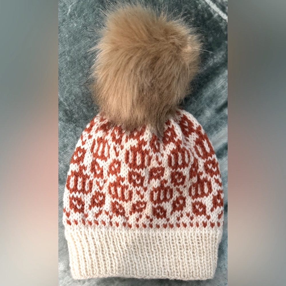 Handmade Hand Crafted Adult Fall Knit Wool Hat Cream and Pumpkin